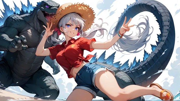 chica estilo anime,  silver hair hand sign with 2 pigtails,  purple eyes, Breasts 34C, Godzillas tail , blue shorts,  Luffy Straw Hat , red button down shirt,  battle pose, white background