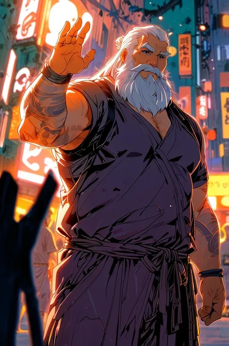 A master with a strong, large, and large body, with a long beard and a powerful face, full height and a well-built body. The teacher is wearing a long black coat., manga anime structure, image with abstract and warm colors, warm image and use of cheerful a...