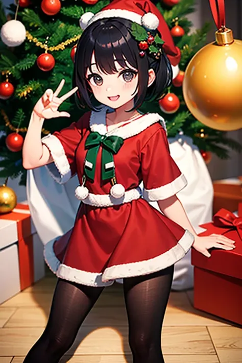  highest image quality taken by Ki、whole、 black hair、 black eyes、 short hair、 girl、 cute、Santa clothes、 Christmas、Petite、 small hair ornament 、1 person、背景に Christmasツリー