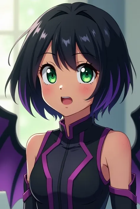  A girl,with GREEN EYES, brown-skinned rom ,14- ,  black and purple wings ,small chest, my hero Acadamia , short black hair with purple highlights,baku no hero, anime,anime style Boku and hero, My Hero Academia.