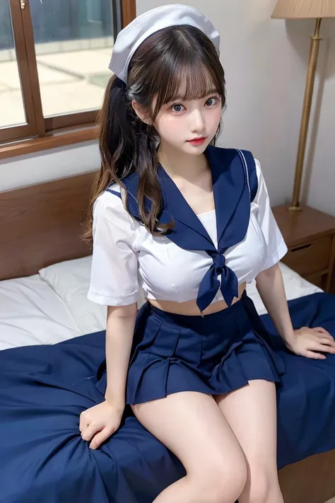 (( sailor suit 、 top quality 、masterpiece、 high res))、((( ZOOM PHOTO FROM ABOVE )))、20-year-old woman、 Beautiful skin、 beautiful eyes、 clevis on a stone, (( random cute hairstyle )), ((  full body photo )),  beautiful thighs,, Big TitsBig Breasts, ( Big Ri...