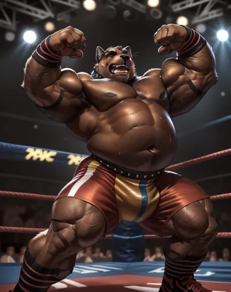 (ultra quality):1.4, 4k resolution, color, smooth comics style:1.2, (by taran fiddler, by meesh, by chunie), solo, anthro rottweiler:1.1, wrestling scene, (very muscular, very heavyweight, muscular arms, muscular legs, strong pectorals, slightly chubby bel...