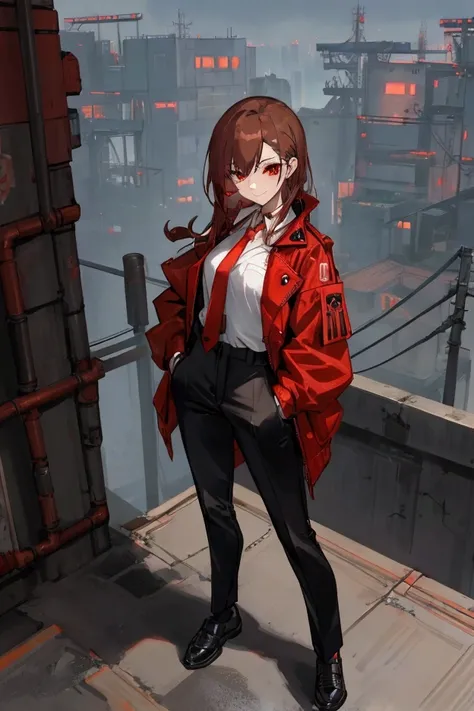 Tall Anime adult Girl in a cyberpunk background rooftop in the night with a subtle smile, red eyes, brownish japanese hair, with red jacket, white shirt and a poorly fastened red tie, black pants and black shoes with a white pattern, hands in her pants poc...