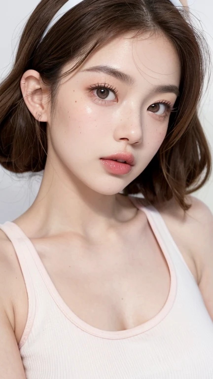 Kim Jennie with white brown hair, with curlers at the ends,with fullnude naked, look at viewer, watery nose, Pretty lips, pink lips, heart and cupid shaped lip, pretty skin, (((SUPER BIG TANKTOP)))pale, White skin, with moles and freckles all over his face...