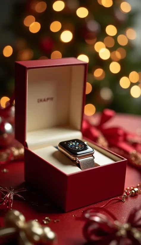 Realistic cinematic frame of an open gift box on an elegant table, with a smartwatch shining inside ,  accompanied by an additional metal mesh .  The box is decorated with red and gold ribbons ,  and the background has warm unfocused Christmas lights  (bok...