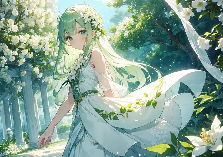 beautiful girl dressed in pure white and light green stands in a garden full of blooming jasmine flowers. In a scene that evokes the light fragrance of jasmine tea, the beautiful girls hair sways softly as the petals dance in the wind, and a pale green and...