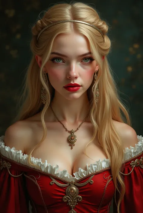  Middle Ages queen ,  queens age 33 years,  blonde long hair ,  tongue , seductive,  red lipstick,  sexy clothes , linda, 15th century look 