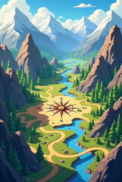 Create an animated image whose elements include a map, a compass, mountains, trails and rivers.