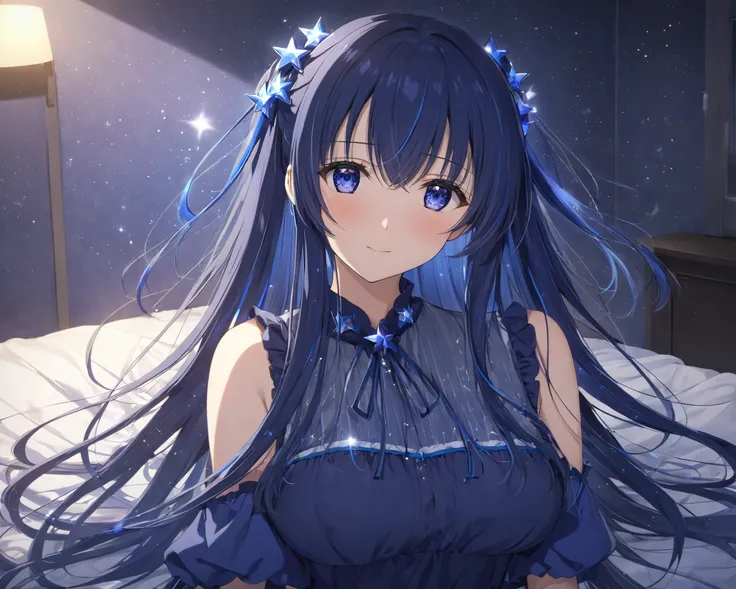  beautiful older sister healing idol cowboy shot anime picture, shiny dark blue hair, long hair tied with side tails, long hair, blue star hair ornament, bangs flowing sideways:1.3 long foreheads, long eyes, calm atmosphere, gentle, shy face, healing backg...