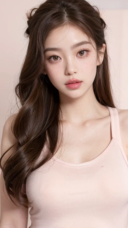 Kim Jennie with white brown hair, with curlers at the ends,with fullnude naked, look at viewer, watery nose, Pretty lips, pink lips, heart and cupid shaped lip, pretty skin, (((BROWN TANKTOP)))pale, White skin, with moles and freckles all over his face, so...