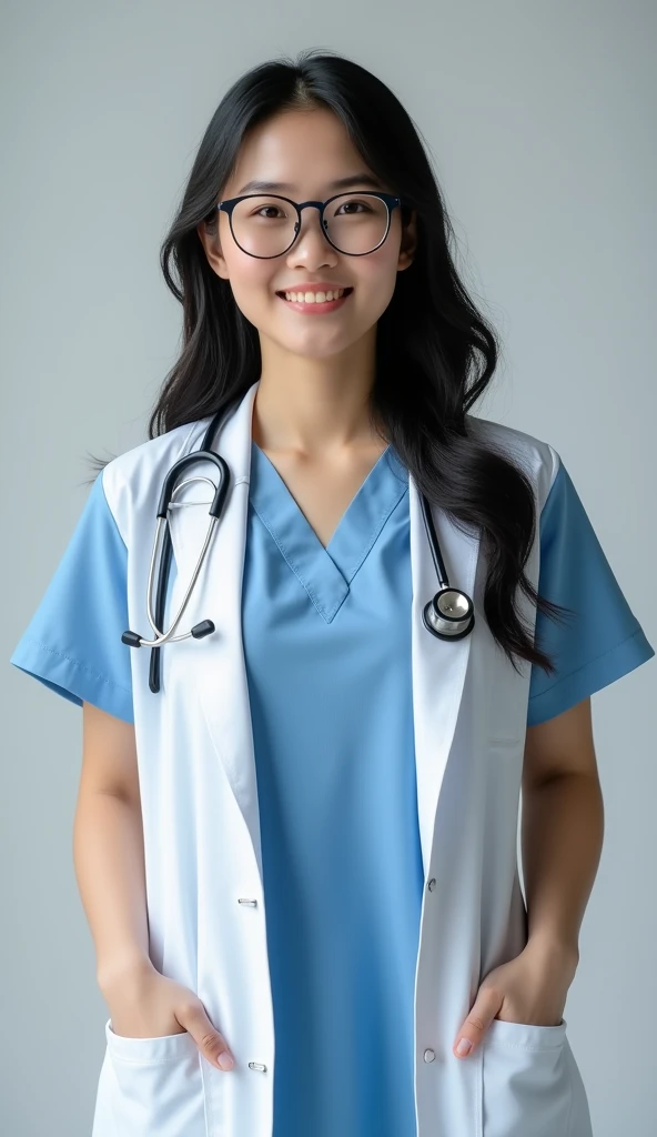 a realistic full body photo of a facing forward big boobs asian female doctor, wearing a stethoscope, neckline blue t-shirt, glasses, closed mouth subtle smile