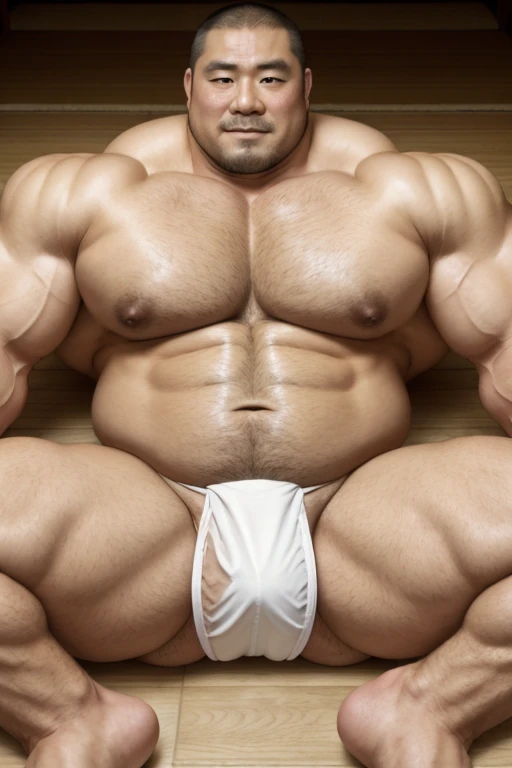 Japanese middle-age male, (full nude, only white fundoshi,) muscular, hairy body, blush, Huge nice bulge, Sitting on the floor, realistic, on the beach, evening