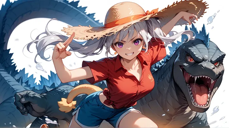 chica estilo anime,  silver hair hand sign with 2 pigtails,  purple eyes, Breasts 34C, Godzillas tail , blue shorts,  Luffy Straw Hat , red button down shirt,  battle pose, To , white background