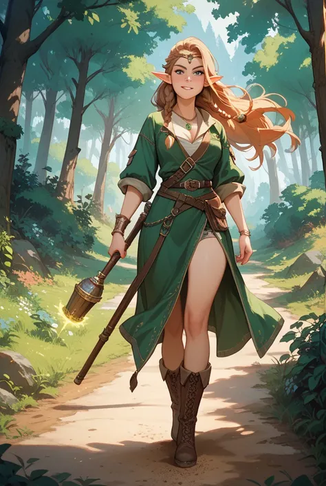 elf woman, wearing warrior and wizard clothing ,  long hair in brown braids .  Magic green stone pendant .  Travel boots and cane in one hand .  Walk along a dirt road with forest in the background