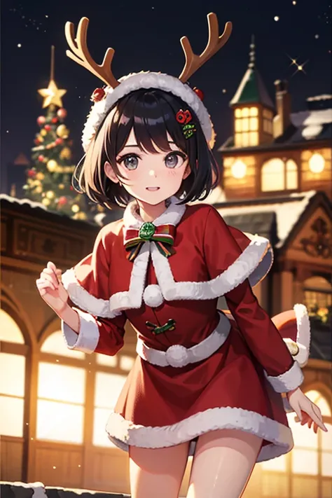  highest image quality taken by Ki、whole、 black hair、 black eyes、 short hair、 girl、 cute、 reindeer cosplay、 Christmas、Petite、 small hair ornament 、1 person、