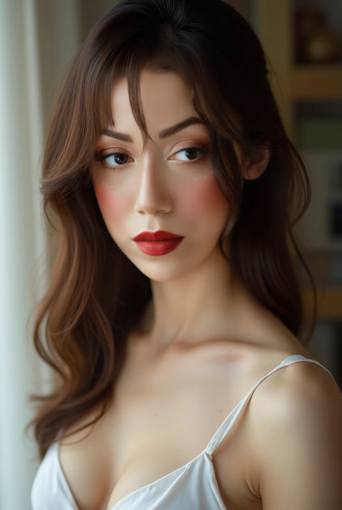 Japanese woman with beautiful brown hair and very big eyes , The face looks like that of a tall Ukrainian woman with deep features and a sharp nose,Randomly express the face of a woman who had an intense orgasm during ,,  sleeveless white shirt with full b...