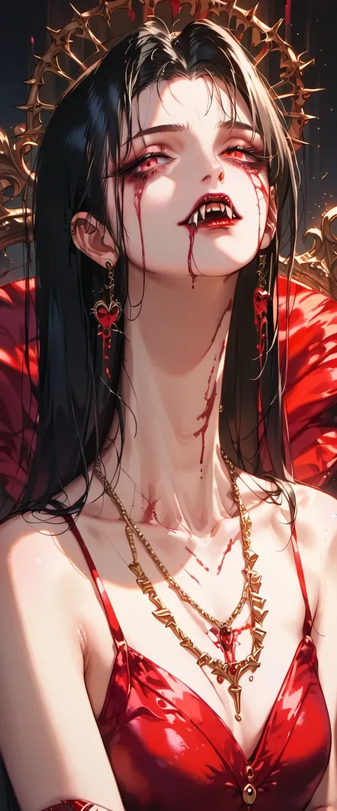 You can see a flat detail of the shoulders, A womans collarbones and neck , Vampire bite on the neck, blood, has a necklace, nice view, elegant neckline,  elegant dress. Detail shot