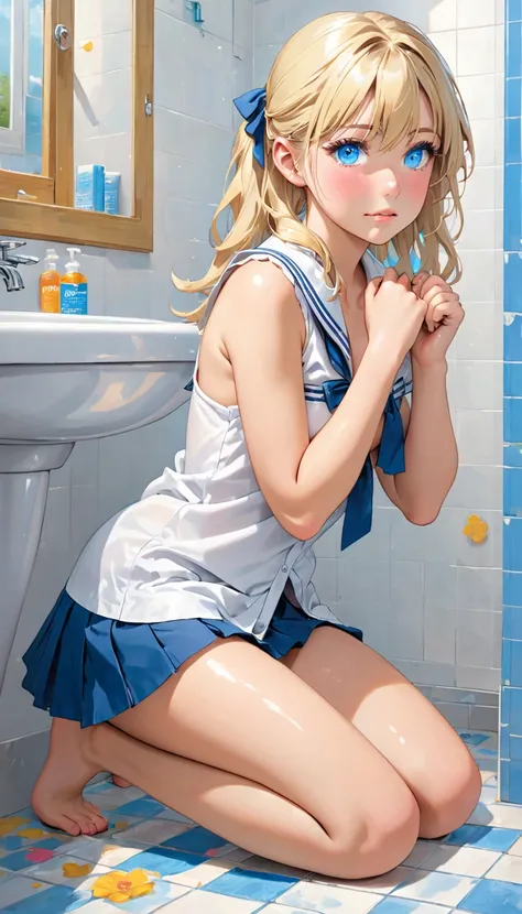 Young half-naked schoolgirl kneeling in the bathroom blonde blue eyes
