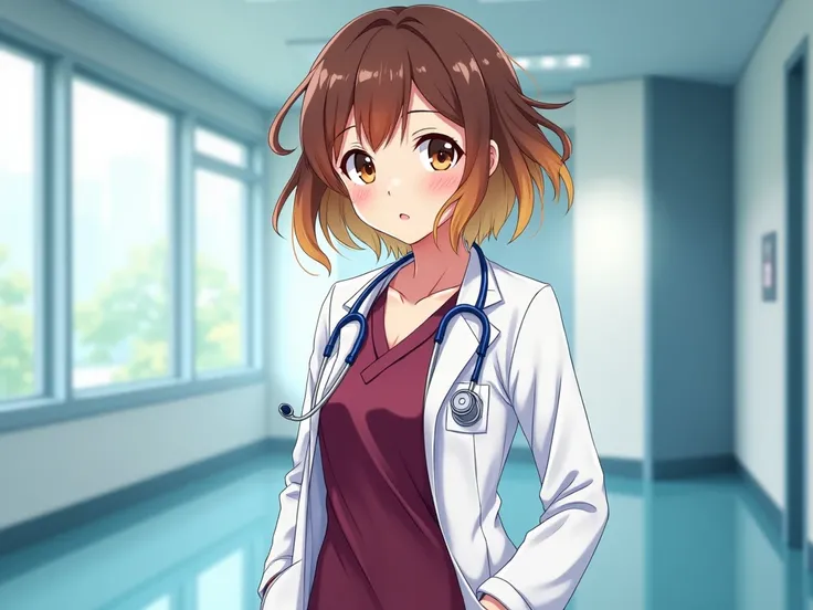  Full body anime cartoon of a female Doctor in a Hospital. She is 20 years old .  She wears a uniform wine shell color and a white coat . The hair is short wavy brown and blonde .  brown eyes. 