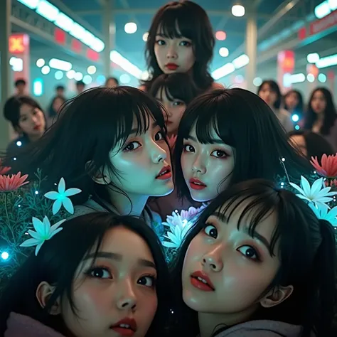 ExtremelyDetailed ProfessionalPhoto, Transform In Live-Action, (XLabs F.1 Realism LoRA V1), 8K HDR Group photo, many NOGIZAKA girls Surrounding the camera in Upward composition, Panoramic, Filled with many Faces, Looking down at the camera, Face closeup fr...