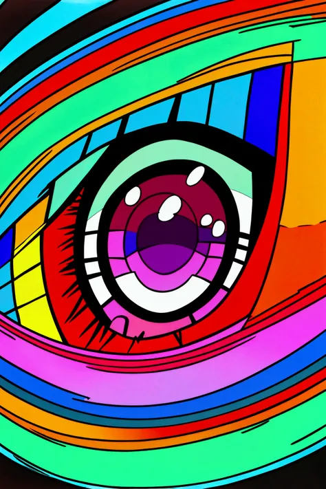 Close up shot of a girls eyes, crazy hypo spiral rainbow eyes. exaggerated perspective, warped lens filter