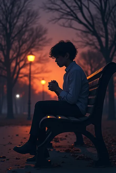 
" Someone sitting alone on a park bench at dusk .  They look calm ,  but there are tear marks on their cheeks .  Their hands clasped in lap ,  show hidden emotion .  The surroundings are dark with the dim light of street lights ,  dry leaves strewn on the...