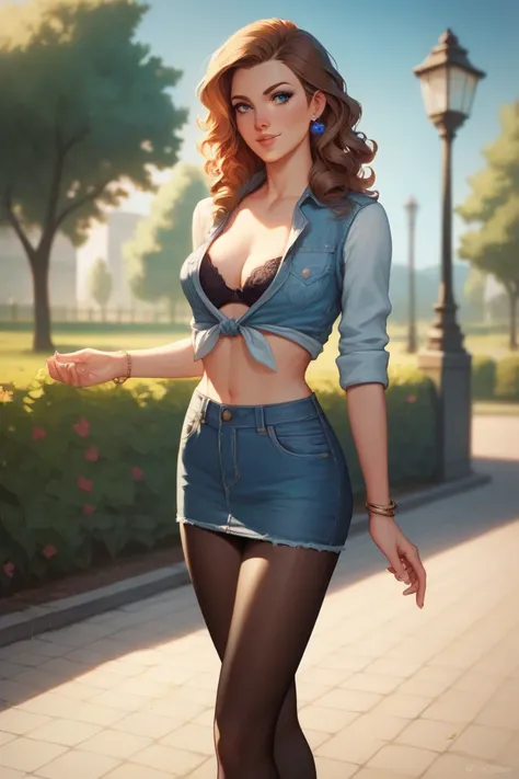 Want what? (Best Quality), A woman with long length curly brown hair, wearing a black bra with blue jean panties, wearing black pantyhose, sexy thick body, medium sized breasts, wearing bracelets on her wrist, wearing blue earrings, Standing, outside, in t...