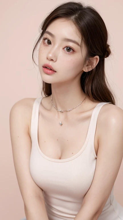 Kim Jennie nude,naked,fulnude,with white brown hair, with curlers at the ends, ,(((TANKTOP))), watery nose, Pretty lips, pink lips, heart and cupid shaped lip, pretty skin, pale, White skin, with moles and freckles all over his face, soft pink blush on the...