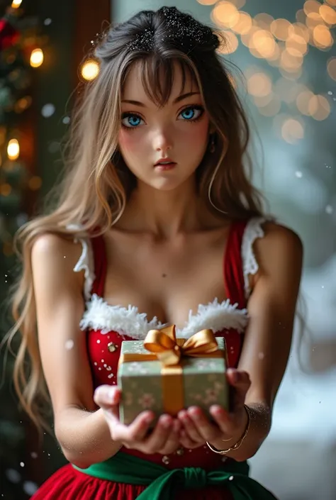 beautiful girl, chrismas costume, ofering a gift