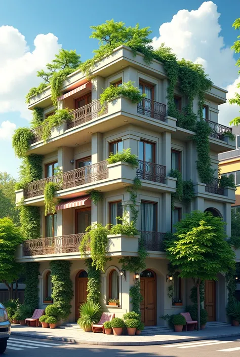 Can you design a beautiful apartment building with balconies where people sit and trees on the balconies?