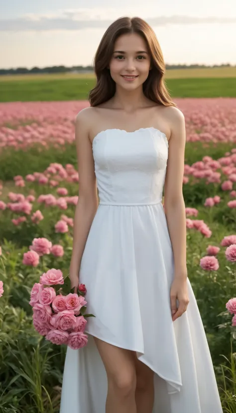 ( top quality ,  master part ,  super high res:1.2),  realistic , photo- realistic  (1.4),  portrait, white dress, Bare shoulders, Field with pink flowers,  growing skin,   Friendly Smiles 