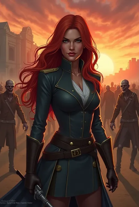 A red-haired, long-haired woman in a military dress ready to fight a large horde of zombies on a sunset 