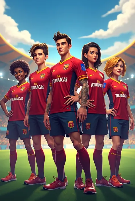 Create 5 characters wearing Atumalacas team uniforms 