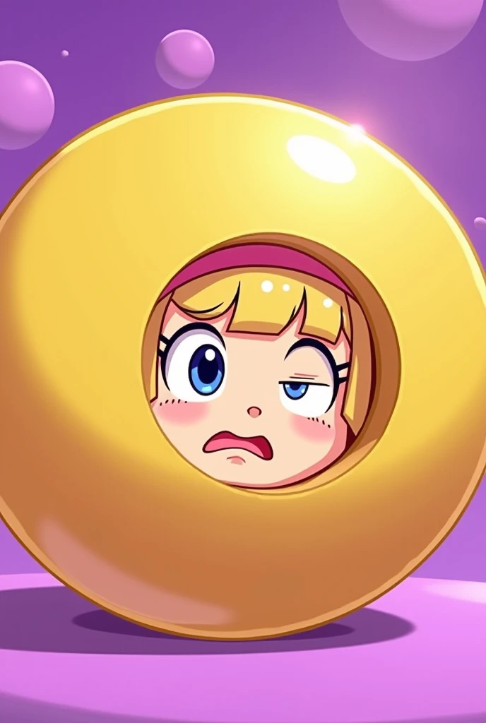 [A young girls face, trapped inside a large, golden sphere, expressing a worried or surprised look; shes winking one eye, suggesting a comedic or slightly frantic situation], [Cartoon illustration,  2D animation style], [None], [Bright, flat colors;  a pur...