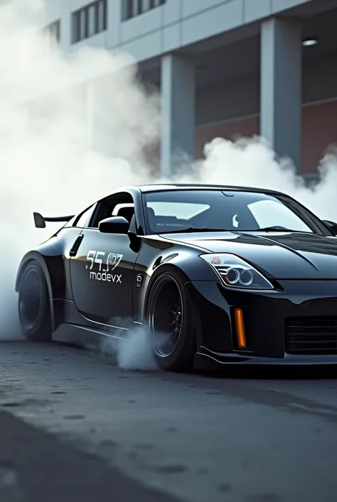 350z doing burnout with the name mddevx on the side 