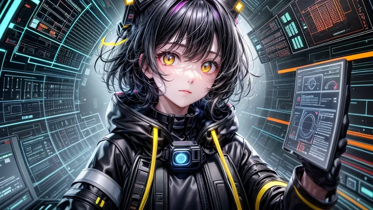 from future intelligence, technology background, complex mystery, unexpected variables, sudden result, strange things, transient waves, light fog, colorful signals, confident look, space black pioneer dress, yellow eyes, black hair