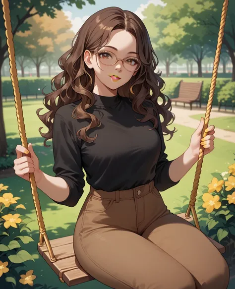 woman, dark brown hair, brown eyes, white skin, black shirt, brown pants, yellow lipstick, wavy hair, looking at viewer, anime style, sitting on a swing, park in the background, glasses,