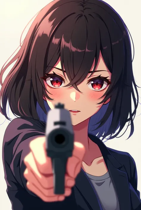 A girl with slightly long hair with a gun pointed at the camera ,  she has an evil and at the same time tender smile she has small eyes,  anime style 