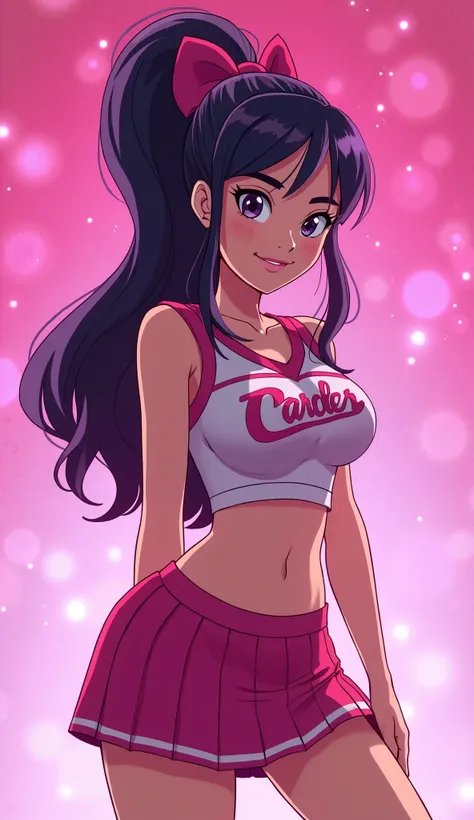 ( Close up ) , ( Close up from top of head to bottom of thigh ), (Front shot), (Carol Ferris from DC Super Hero Girls 2019), (long purplish-black hair ), (ponytail hairstyle), (sparkly purplish-black hair), (purplish-black hair elegant) (Dark purplish-blac...