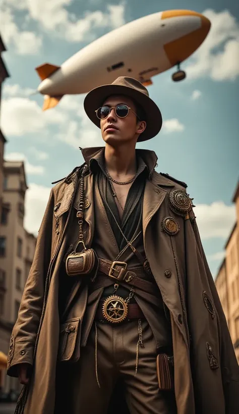   there is a man wearing a hat and glasses in steampunk style steampunk clothing  , standing in front of a zeppelin ,  seen from below you can see the steampunk zeppelin flying sepia photography colors earth, a colored photo of Itshak Holtz  , presented at...