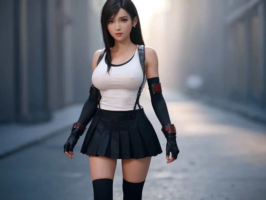 Tifa Lockhart, brown eyes, (best quality, ultra-detailed, Realistic: 1.37), beautiful detailed face, perfect symmetry, perfectly shaped body, black eye makeup, red lipstick, bright colors, studio lighting, expression a sexy and seductive look