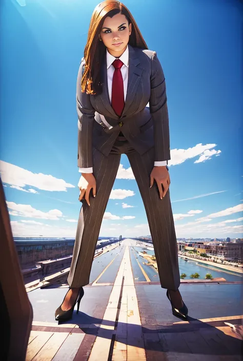 Looking down at the approaching young giga giantess, Giantess art, 500 miles tall giga giantess, young sophisticated and stylish woman in a light grey italian pinstriped trouser 3-peice suit, form fitting crisp office shirt, and a large wide light blue nec...