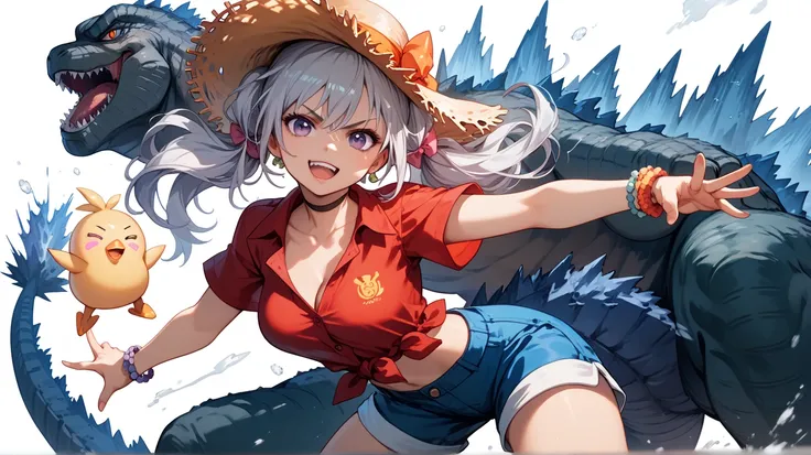 chica estilo anime,  silver hair hand sign with 2 pigtails,  purple eyes, Breasts 34C, Godzillas tail , blue shorts,  Luffy Straw Hat , red button down shirt,  battle pose, To , white background