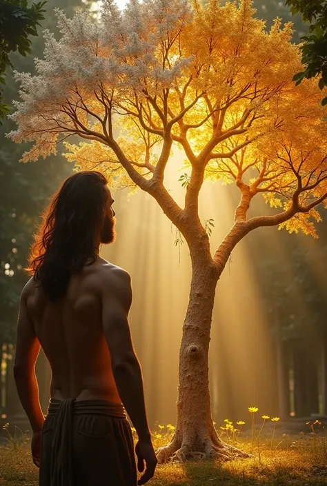 man without clothes, beard and long brown hair;  looking at a warm light, in the middle of a beautiful garden one tree is silver and the other is golden, but they are intertwined. The tree trunks stand out in their respective colors, with a radiant shine.
...