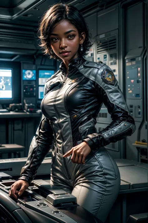 OliveHarper,  short hair, black hair, jewelry, medium breasts, yellow eyes, earrings, t-shirt, tracksuit, dark skin, dark-skinned female, smile, standing with 1 blonde girl in military uniforms, standing in enormous space station, windows viewing stars and...