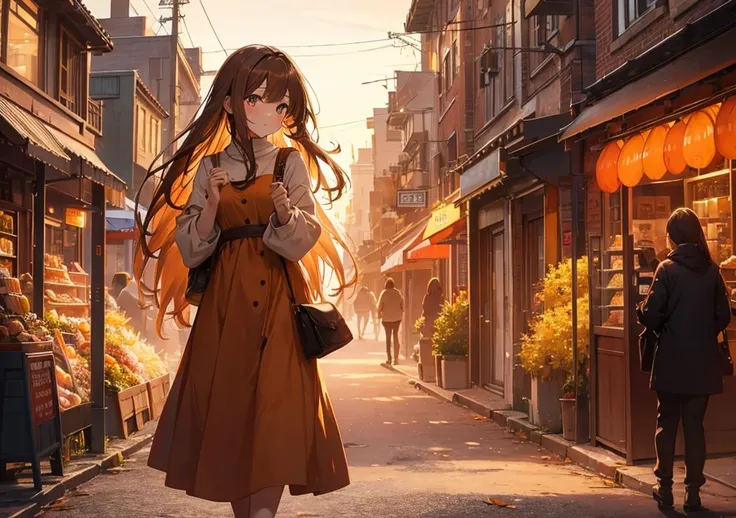 A beautiful girl in warm brown and orange hues stands on a bustling street corner. A scene that evokes the spicy and warm aroma of chai tea. Her fluffy dress and hair flutter in the gentle breeze, with the warm colors of autumn in the background