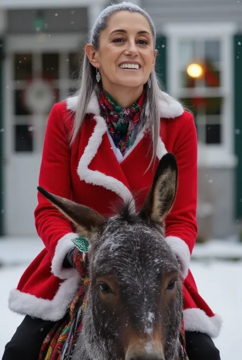 A 60-year-old woman dressed as Santa Claus, with a kind and joyful expression, riding a donkey through a snowy landscape. She wears a festive red Santa suit with white fur trim, adapted to a more feminine style, and a Santa hat. Her silver hair flows gentl...