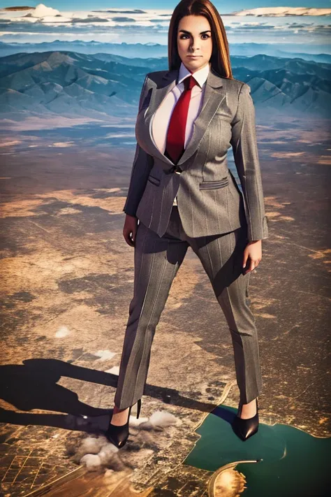 Looking down at the approaching young giga giantess, Giantess art, 500 miles tall giga giantess, young sophisticated and stylish woman in a light grey italian pinstriped trouser 3-peice suit, form fitting crisp office shirt, and a large wide light blue nec...