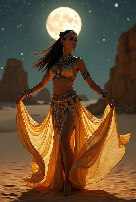 Egyptian dancer in a sistrum dress in the night desert
