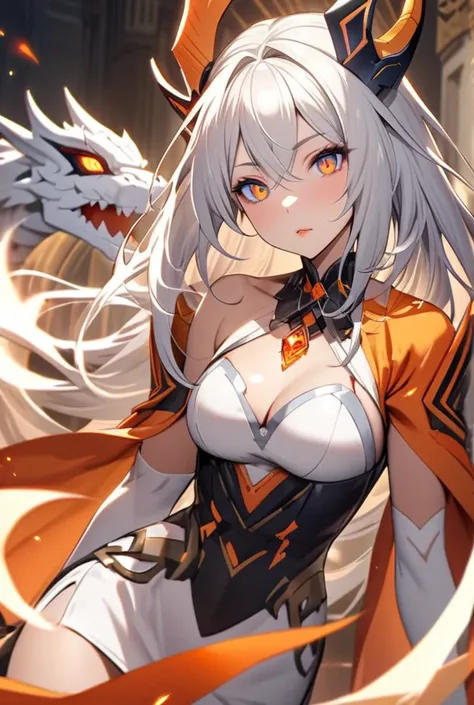 Hot lady with white hair blue eyes with white dragon and orange eyes